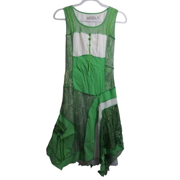 C'Fait Pour Vous Paris Green Abstract Layered Asymmetrical Fairy Boho Dress 2 - Picture 1 of 15